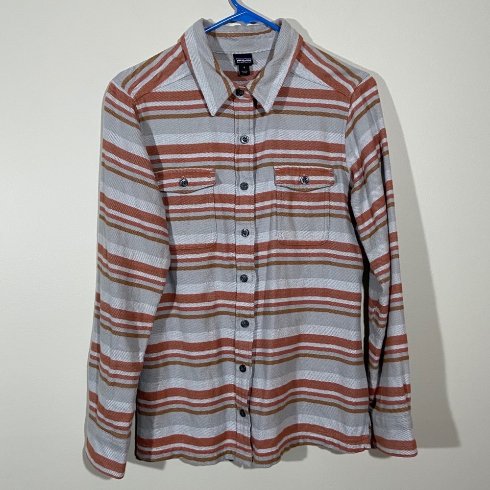 Patagonia Striped Button Down Flannel Shirt - light grey/coral/burnt orange